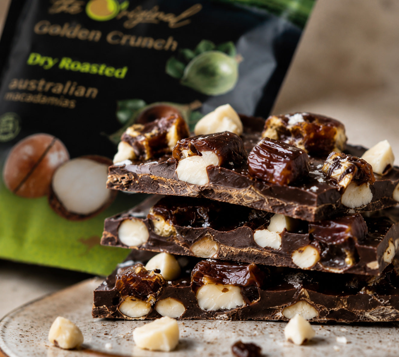Salted Dark Chocolate Macadamia Date Bark